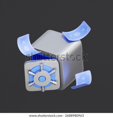 3D icon of an open safe box with floating banknotes For secure cash savings, protecting wealth, and managing financial reserves.