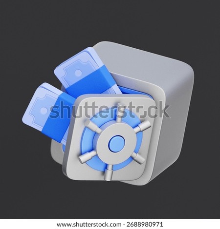 3D icon of an open safe box filled with cash stacks For storing cash, representing savings and wealth, and for financial security.