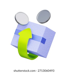 3D icon of a package with a return arrow and coins For product return, inventory reversal, refund process, and consumer guarantee.