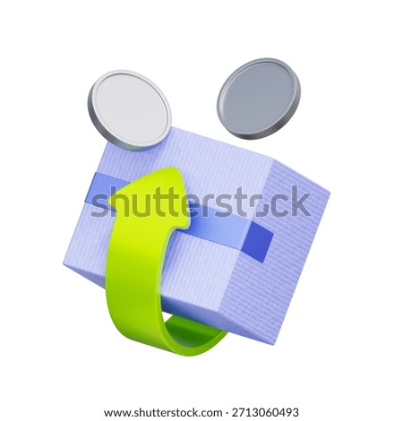 3D icon of a package with a return arrow and coins For product return, inventory reversal, refund process, and consumer guarantee.