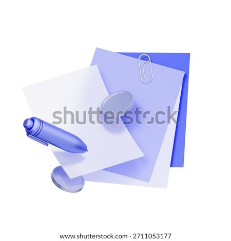 3D icon of paper documents with a pen and coins For billing process, invoice creation, payment request, and accounting records.