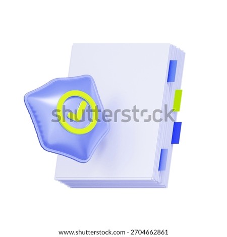 3D icon of a paper stack with a checkmark shield For insurance policy approval, claim verification, contract agreement, and document compliance.