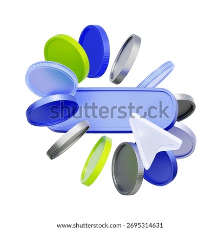 3D icon of a payment button with a cursor and coins For online payment initiation, click-to-pay functionality, digital transactions, and e-commerce checkout links.