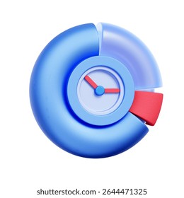 3D icon of a pie chart with a clock, For time distribution, activity breakdown, work hour tracking, project phase analysis, and time budget management.