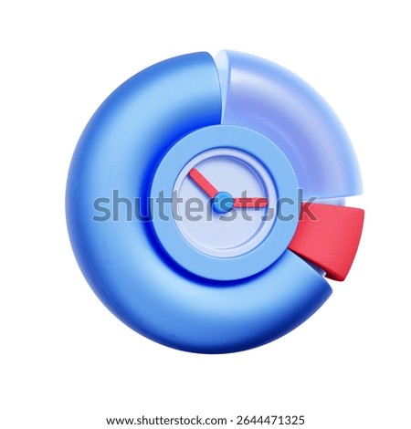 3D icon of a pie chart with a clock, For time distribution, activity breakdown, work hour tracking, project phase analysis, and time budget management.