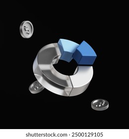 3D Icon of Pie Chart with Coins on Black Background. 3D render of a modern icon featuring a pie chart with metallic and blue segments. 