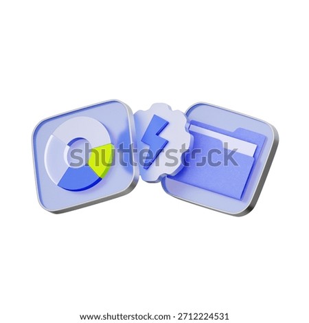 3D icon of a pie chart with a lightning bolt and folder For instant analytics, fast data processing, quick reporting, and operational efficiency.
