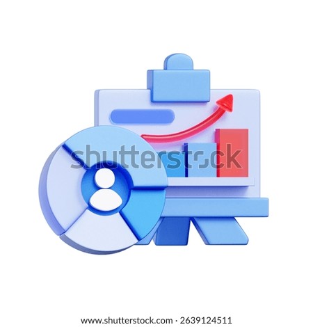 3D icon of a pie chart with a user icon and a bar chart with an upward arrow. For business analytics, performance reporting, growth strategy, and data visualization.