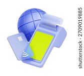 3D icon of a pos machine with a globe and credit card For global payment, international transaction, world currency, and travel spending.