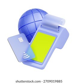 3D icon of a pos machine with a globe and credit card For global payment, international transaction, world currency, and travel spending.