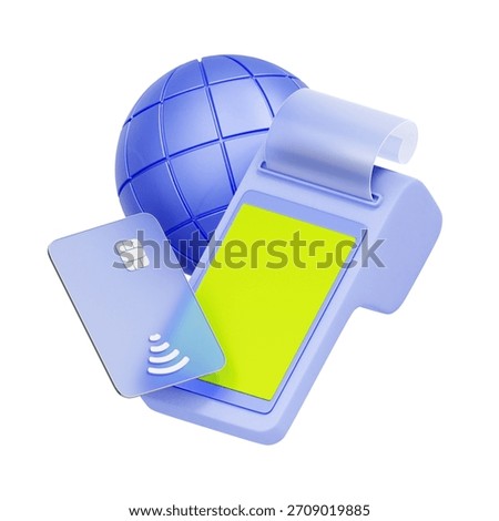 3D icon of a pos machine with a globe and credit card For global payment, international transaction, world currency, and travel spending.
