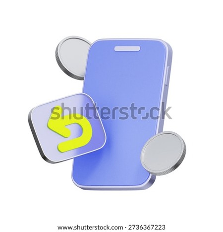 3D icon of a purple smartphone with a return arrow icon and floating silver coins For e-commerce return policy, mobile refund service, digital wallet transaction, and online shopping guarantee.