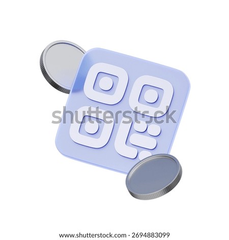 3D icon of a QR code with coins For QR code payments, scan-to-pay transactions, mobile wallet payments, and contactless checkout.