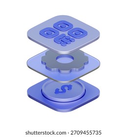 3D icon of a qr code layered with a gear and coin For payment system architecture, fintech mechanism, processing technology, and digital money.