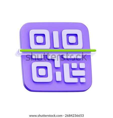 3D icon of a QR code with a scanning line. For barcode scanning, mobile payment, digital verification, and quick access.