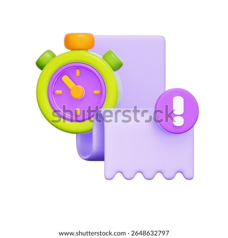 3D icon of a receipt with a clock and an exclamation mark. For overdue payments, upcoming deadlines, urgent bills, and financial reminders.