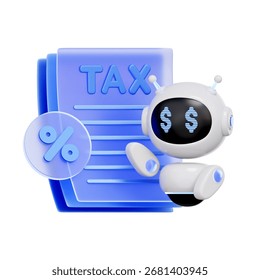 3D icon of a robo-advisor with a tax form and percentage sign For automated tax preparation, AI tax advisor, robotic process automation, digital tax filing.