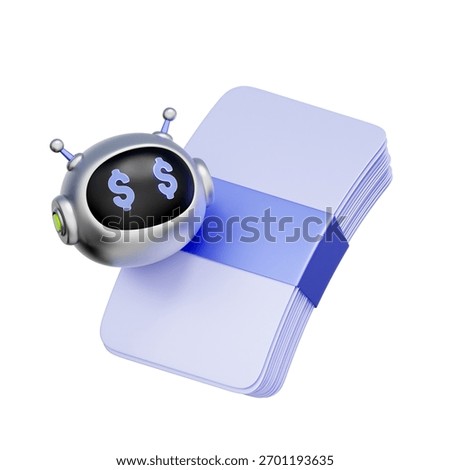 3D icon of a robot head with dollar eyes on a stack of cards For AI financial advisors, automated expense management, fintech bots analyzing business finance, and robo-accounting solutions.