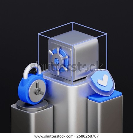 3D icon of a safe box with a lock and shield For a financial security system, asset protection, fraud prevention, and wealth insurance.