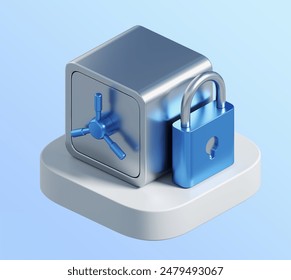 3d icon of safe with lock. 3d illustration for finance and banking on white background. simple 3d rendering of safe on platform