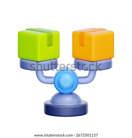 3D icon of a scale balancing two boxes For supply and demand, trade balance, economic comparison, market equilibrium.