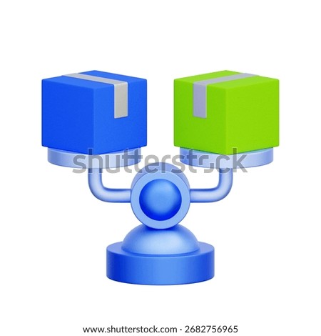 3D icon of a scale balancing two boxes For supply and demand, trade balance, economic comparison, market equilibrium.