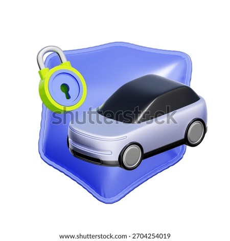 3D icon of a security shield with a car and padlock For auto insurance coverage, vehicle theft protection, securing car loans, and comprehensive auto safety.