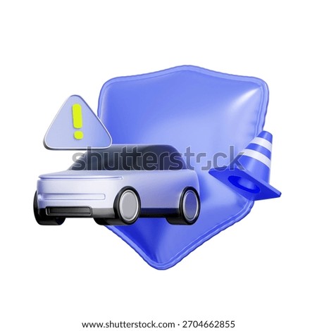 3D icon of a security shield with a car and traffic cone For auto insurance, roadside assistance, accident coverage, and traffic safety.