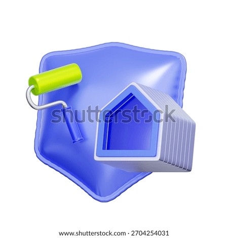 3D icon of a security shield with a house and paint roller For home insurance coverage, property damage protection, renovation and remodeling insurance, and real estate asset security.