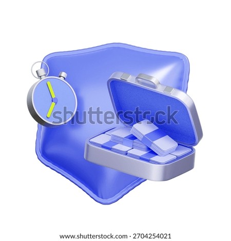 3D icon of a security shield with a stopwatch and money case For financial insurance, investment protection, timely payments, and claim speed.