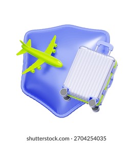 3D icon of a security shield with a suitcase and airplane For travel insurance, baggage protection, trip cancellation coverage, and secure international travel.
