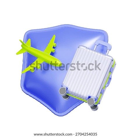 3D icon of a security shield with a suitcase and airplane For travel insurance, baggage protection, trip cancellation coverage, and secure international travel.