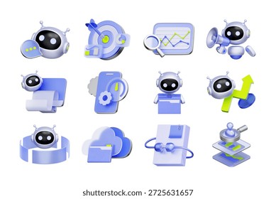 3D icon set of artificial intelligence and business automation including chatbot assistants, target analysis AI, cloud data processing, and automated document management.