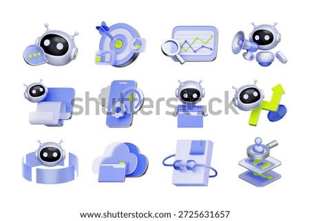 3D icon set of artificial intelligence and business automation including chatbot assistants, target analysis AI, cloud data processing, and automated document management.