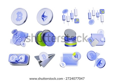 3D icon set of cryptocurrency and blockchain technology including bitcoin mining, nft digital art, crypto wallet security, and decentralized finance.