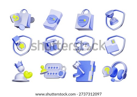 3D icon set of digital security and data protection including secure purchase returns, encrypted cloud storage, merchant shop safety, and legal compliance handcuffs.