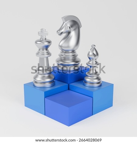A 3D icon set featuring a knight and bishop chess pieces placed on a business graph.