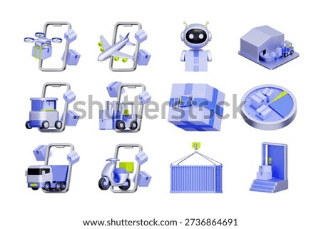 3D icon set of smart logistics and delivery services including drone air freight, global airplane shipping, AI robot warehouse assistants, and mobile fleet tracking.