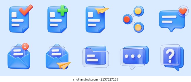 3d icon set for website or mobile app isolated on blue background, including document management, link share, message, email and faq icon.