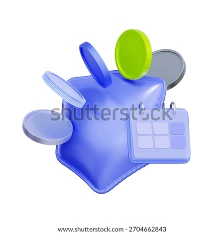 3D icon of a shield with falling coins and a calendar For insurance premium payment, monthly savings, annuity schedule, and financial planning.