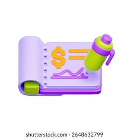 3D icon of a signed cheque with pen, representing cheque payment, bank transactions, and traditional finance methods in personal or business banking.