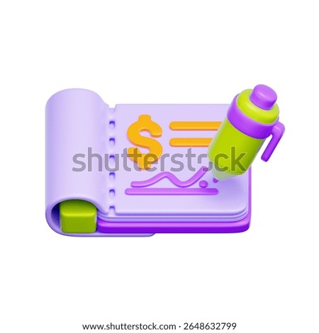 3D icon of a signed cheque with pen, representing cheque payment, bank transactions, and traditional finance methods in personal or business banking.