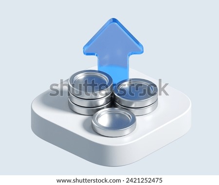 3d icon of silver coins stack with arrow. 3d illustration for finance and banking on white background. Finansial concept of growth with minimal stylized objects on square platform