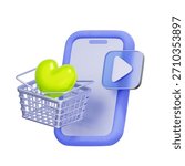 3D icon of a smartphone with a play button and shopping cart For video marketing, live shopping, streaming sale, and product demo.