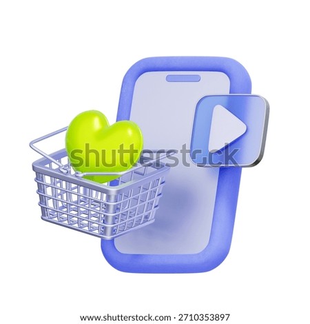 3D icon of a smartphone with a play button and shopping cart For video marketing, live shopping, streaming sale, and product demo.