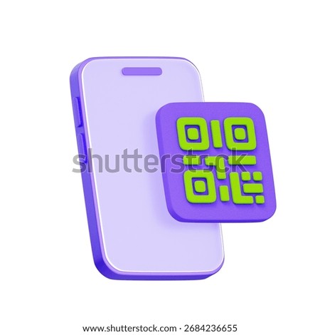 3D icon of a smartphone with a QR code and a receipt. For QR code payment, mobile scanning, digital transactions, and cashless checkout.
