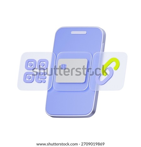 3D icon of a smartphone with qr code, card, and link icons For payment options, multi-channel banking, payment gateway, and fintech app.