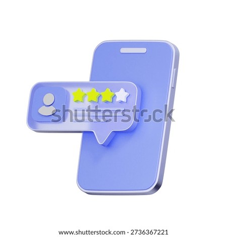 3D icon of a smartphone with a speech bubble and rating stars for mobile app review, digital service rating, customer feedback, and online reputation.
