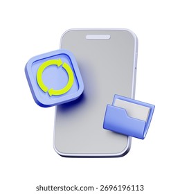 3D icon of a smartphone with sync and folder icons For mobile data synchronization, cloud backup, file management, and updating account information.