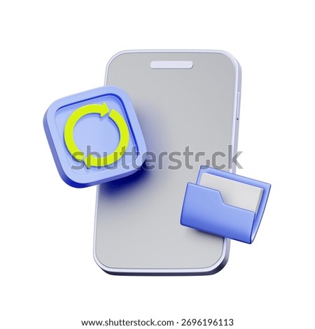 3D icon of a smartphone with sync and folder icons For mobile data synchronization, cloud backup, file management, and updating account information.
